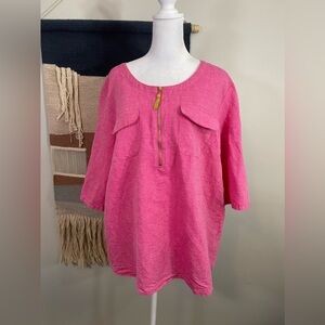 Pink Linen Blend Zip-Front Women's Top